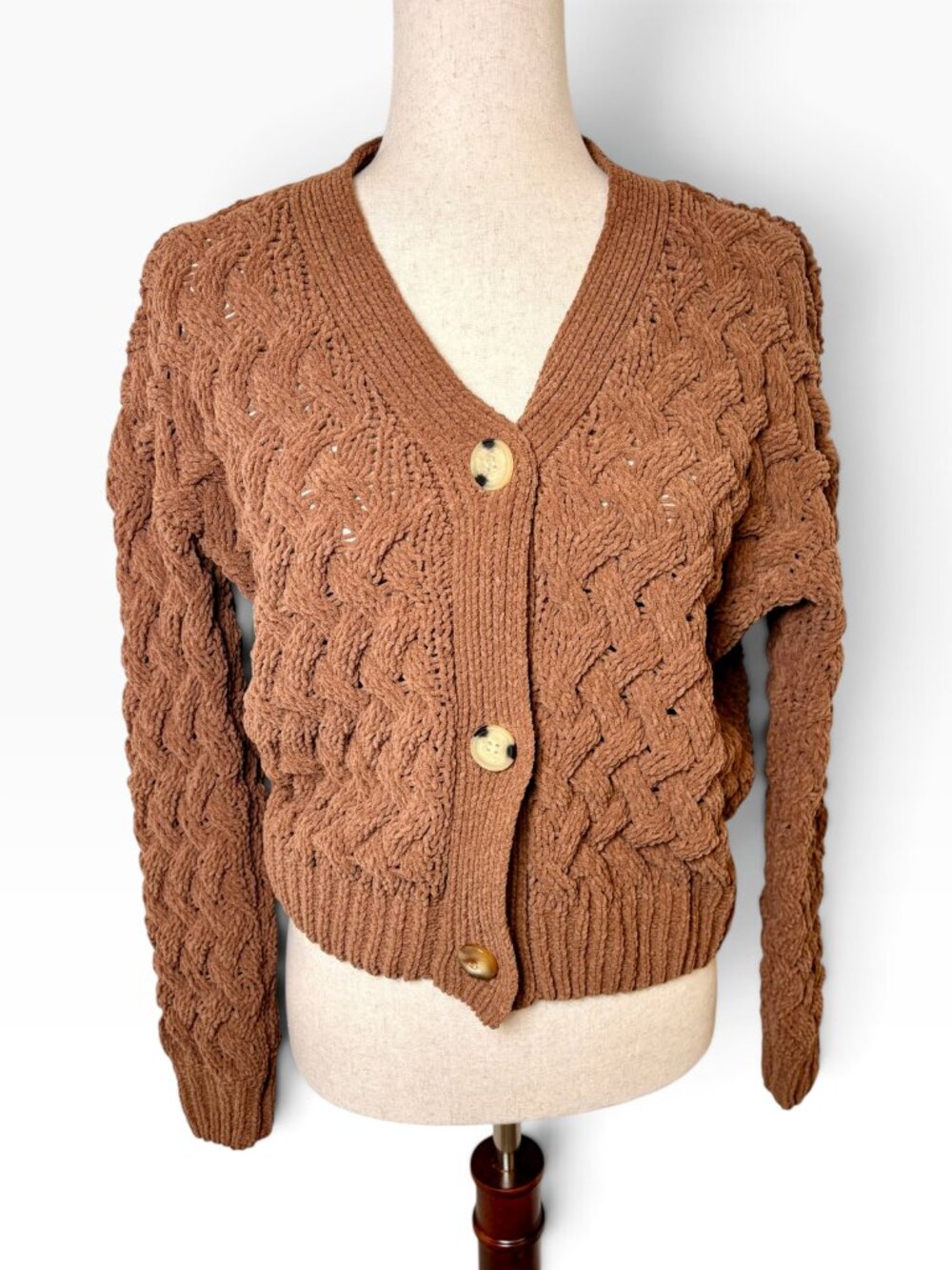Kendall + Kylie Brown Chenille Cable Knit Cardigan Size Medium